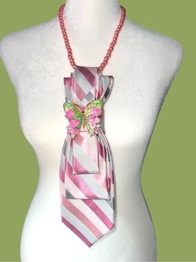 Pink Striped Tie Necklace with Green Butterfly Accent